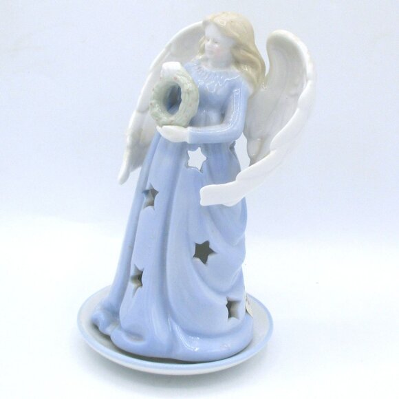 Russ Porcelain Angel Tealight Holder With Star Cutouts Wreath Design - Picture 2 of 5